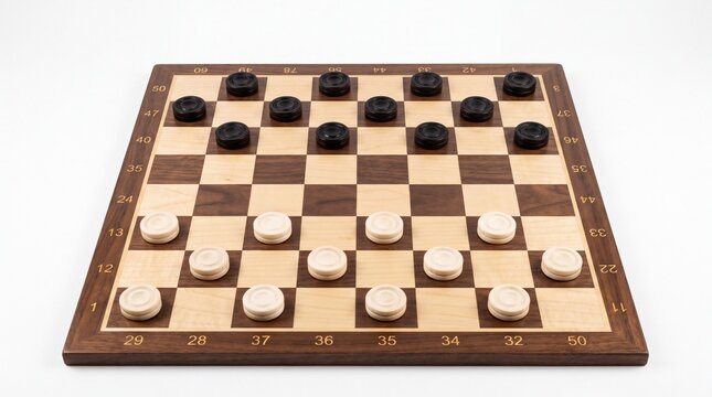 A professional wooden board game featuring black and white checkers pieces set on white background