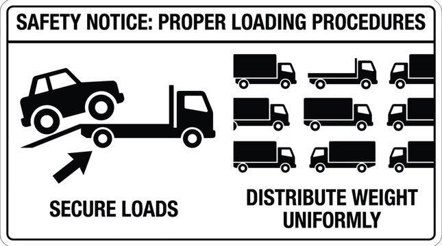  
Safety notice sign illustrating proper loading procedures with secure load and uniform weight distribution instructions for transport and logistics