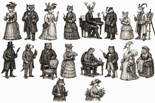 Edwardian Tea Society Animal Pack with Antique Engraving Style, Full Body Animal People, Period Costumes, Whimsical Figures, Monochrome Line Art and Vintage Storybook Design Elements