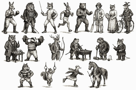 Victorian Athletic Animal Sports Pack with Antique Engraving Style, Full Body Animal People, Period Costumes, Whimsical Figures, Monochrome Line Art and Vintage Storybook Design Elements