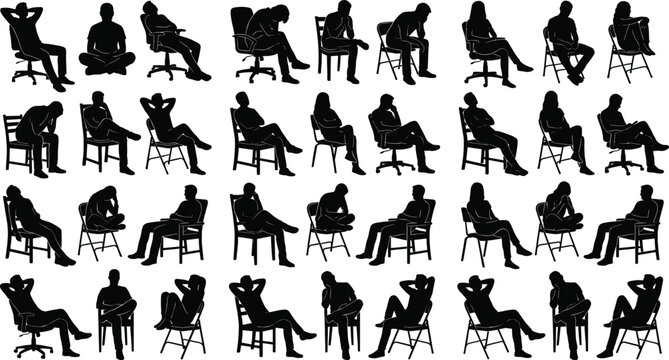 Large Collection of Men and Women Silhouettes Sitting in Various Poses on Chairs for Business and Lifestyle Design