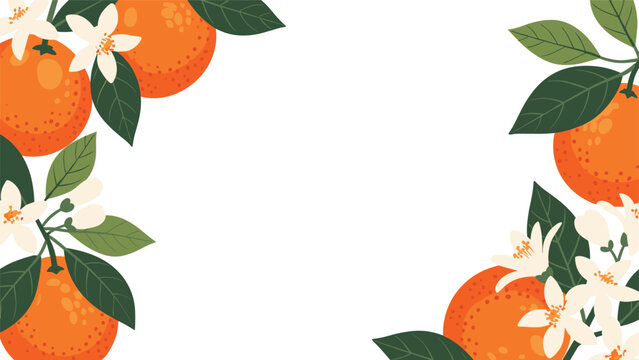 Beautiful frame made of orange tree branches with ripe oranges, white blossoms, and green leaves in all corners.