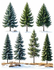 Obraz premium Diverse evergreen trees on snowy ground with sparse winter vegetation