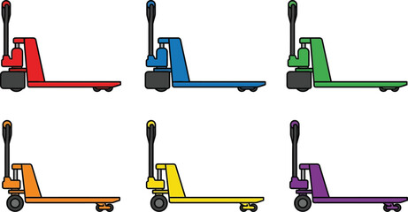 Set of colorful hand pallet trucks flat vector illustration for material handling and warehouse logistics isolated on white background © Hafizbro