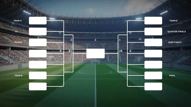 Soccer tournament bracket template with stadium background. An imaginary soccer stadium is modelled and rendered.

