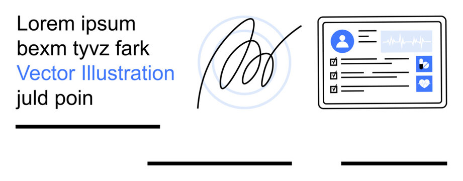 Digital security, identity verification, electronic signatures, personal information, online validation, documentation. Handwritten signature and ID card with user profile. Digital security