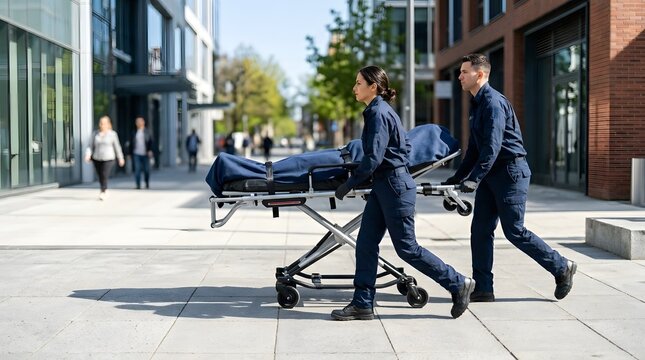 Medical responders in professional navy uniforms transport a patient on a gurney past modern glass buildings during a sunny afternoon.