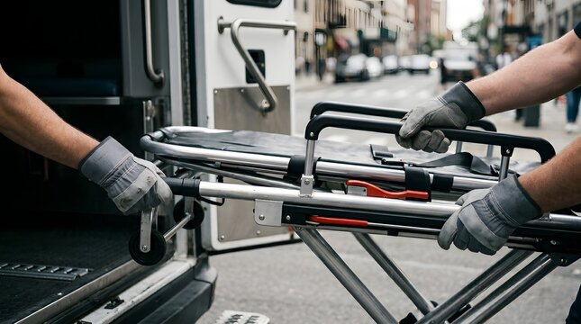 Emergency medical technicians in protective gloves grip the handles of a portable stretcher while unloading it from an ambulance.