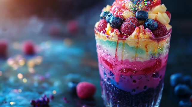 Healthy layered berry smoothie topped with abundant fresh blueberries and raspberries on a dark moody bokeh background with sparkles, smoothie