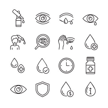 Ophthalmology icons with eye drops and shield for vision care during health and medical treatments