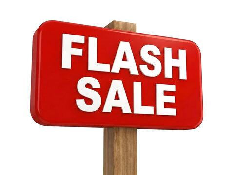 Red flash sale sign with wooden post against discount shopping promotion announcement