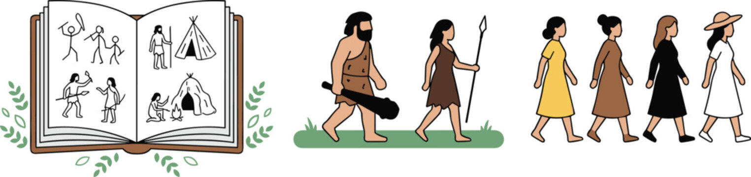 Human Evolution and Ancient Civilization Collection Vector Illustration with Prehistoric Cave People, Historical Timeline, and Cultural Development Design Elements