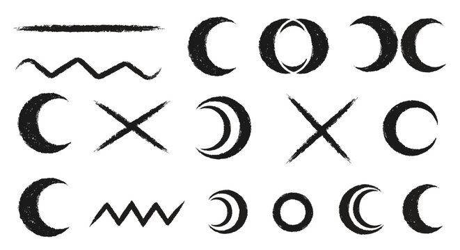 Hand-drawn chalk style crescent moon illustration with textured edges and white aesthetic, isolated as a minimalist celestial vector element for night-themed graphic design projects.