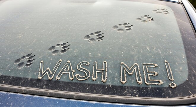 Paw prints trace a path on a dirty car window, urging a wash