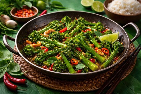 Vivid green background showcasing broccolini stir fry in Thai culinary setting