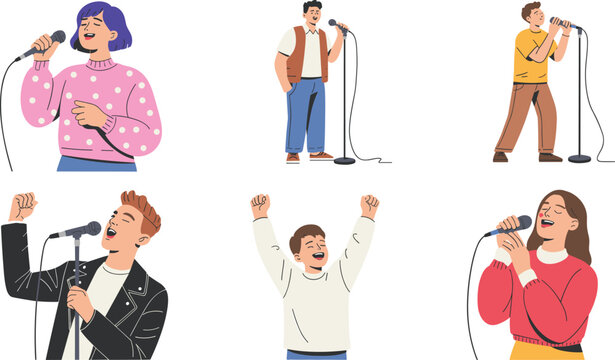 Vector Character Set of Singers and Performers with Microphones Singing Passionately for Live Music Concerts Karaoke and Talent Show Graphic Designs