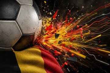 Fototapeta premium Belgium national football team wallpaper, banner, poster, background. Belgium flag and soccer ball with abstract light explosion representing energy and passion.