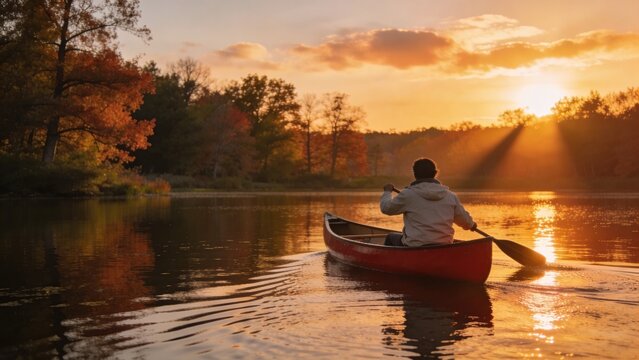 Man Rowing Red Canoe on Calm Lake during Golden Autumn Sunset