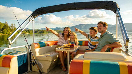 Obraz premium Happy Family Enjoying Pontoon Boat Trip on Scenic Mountain Lake