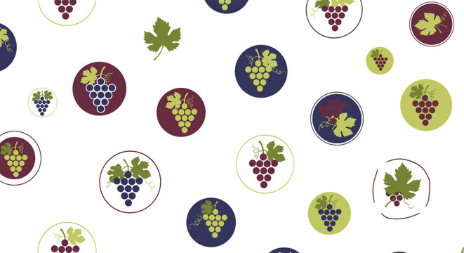 Decorative seamless pattern of grape clusters in different colors within circular frames for vineyard and wine branding.