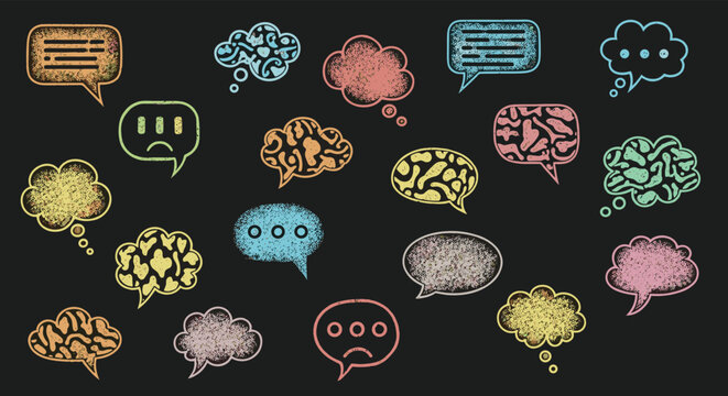 Various colorful chalk style speech and thought bubbles with icons on a dark background for creative messaging.