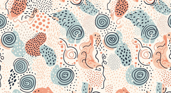 Abstract organic pattern with hand-drawn dots, swirls, and irregular shapes in muted blue and coral tones.