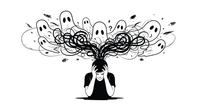Conceptual illustration of a person overwhelmed by negative thoughts and haunting ghosts coming from their head.