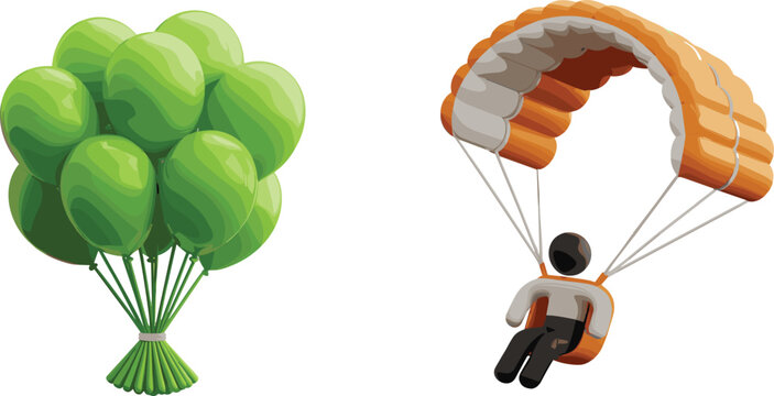 Green Balloon and Paragliding Collection Vector Illustration with Flying Adventure Sports, Air Travel Elements, and Outdoor Recreation Design Graphics