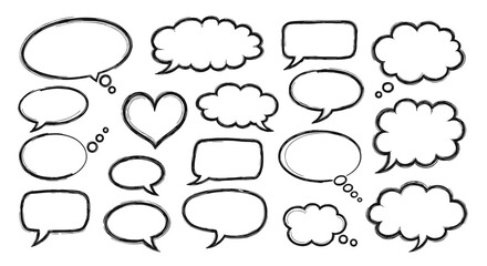 Fototapeta premium Grid of many different hand drawn comic book speech bubbles and thought clouds in black ink on a white surface.