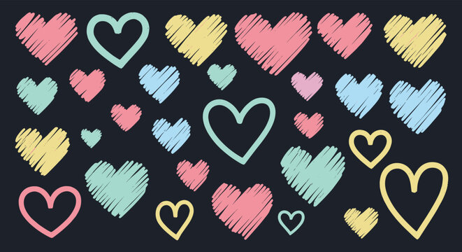 Collection of many colorful hand drawn hearts in various sizes and styles scattered on a solid dark gray background.