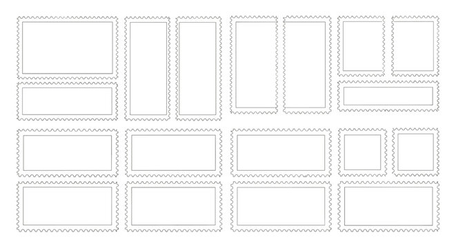 Set of empty stamp borders in various rectangular and square shapes with perforated edges on a plain white background.