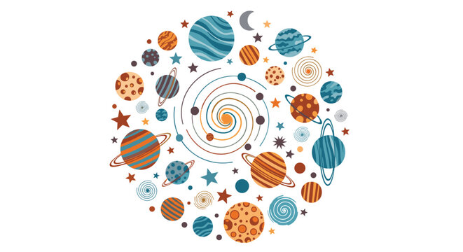 Celestial circular composition of various colorful planets and stars in a solar system arrangement on a white background.