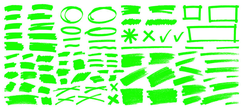 Marker highlight line set. Neon green brush pen strokes. Hand drawn scribble underlines. Paint texture vector sketch circles, doodle frames, sharpie marks. Grunge paper notes, school memo elements bg