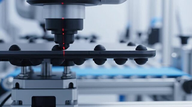 Robotic Arm Inspecting Rubber Feet Alignment Under Advanced Automated Technology in Modern Manufacturing Facility