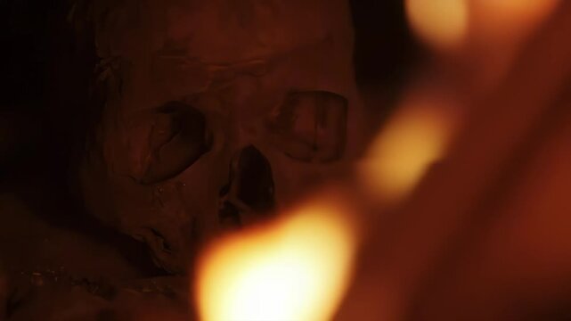 Close-up of a skull illuminated by flickering firelight, creating a spooky atmosphere