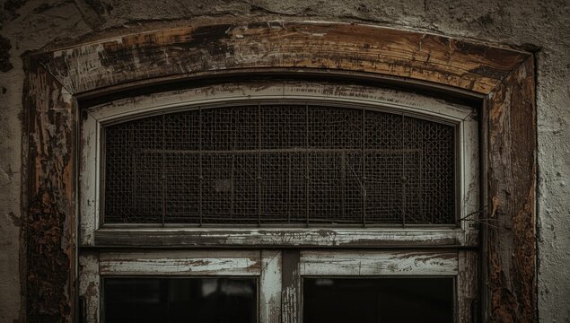 A weather-beaten window complete with a transom and metal screen