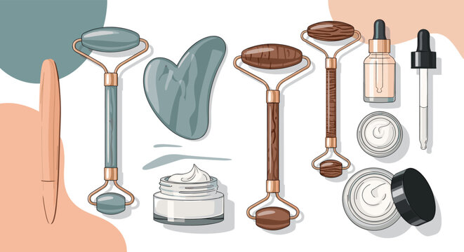 Assortment of beauty and skincare tools including jade rollers gua sha stones creams and serums for self care routines.