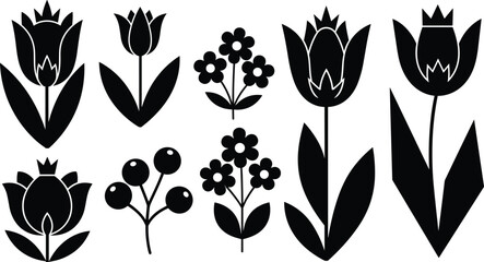 Black floral silhouette collection featuring tulip flowers, blossoms, and berry branches for elegant botanical vector design © Hadiul