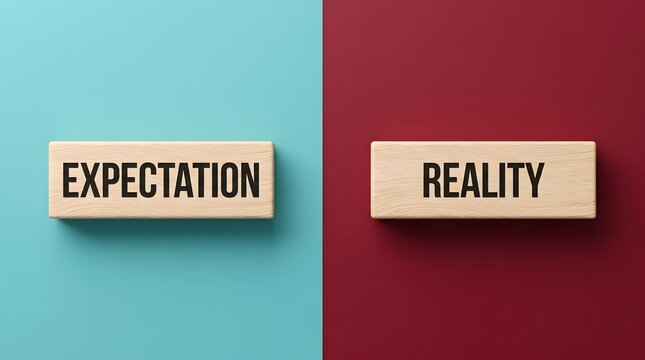 Expectation vs Reality Concept with Wooden Blocks on Split Blue and Red Background