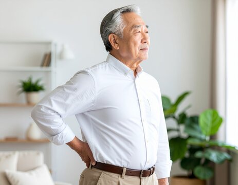 明るいリビングルームで急な腰の痛みをこらえ、辛そうな表情で腰を押さえる白シャツ姿のシニア男性。健康・ヘルスケア