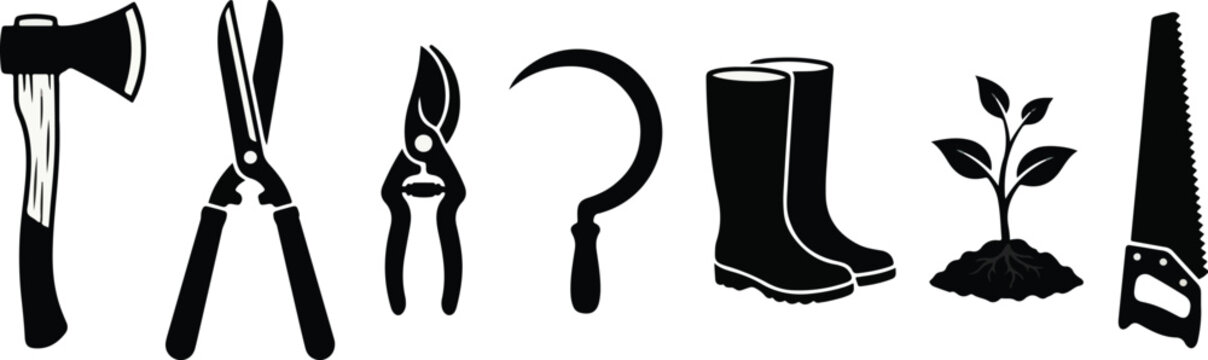 Garden tools vector silhouette icon set including axe shears pruner sickle rubber boots plant sprout and hand saw