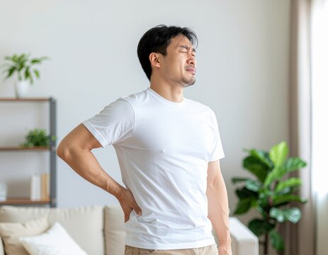 明るいリビングルームで急な腰の痛みに襲われ、辛そうな表情で腰を押さえるTシャツ姿の男性。健康・ヘルスケア