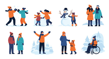Fototapeta premium Various winter activities depicted with people playing in the snow, building a snowman, and enjoying the outdoors in warm gear.
