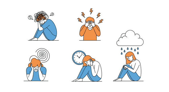 Set of flat vector illustrations depicting people experiencing different types of mental health struggles like stress and sadness.