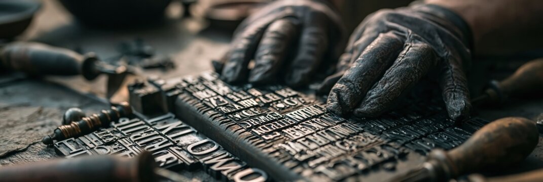 Macro shot of gloved hands carefully arranging tiny metal type blocks into a composing stick with blurred vintage print shop tools and soft tungsten light enhancing the atmospheric