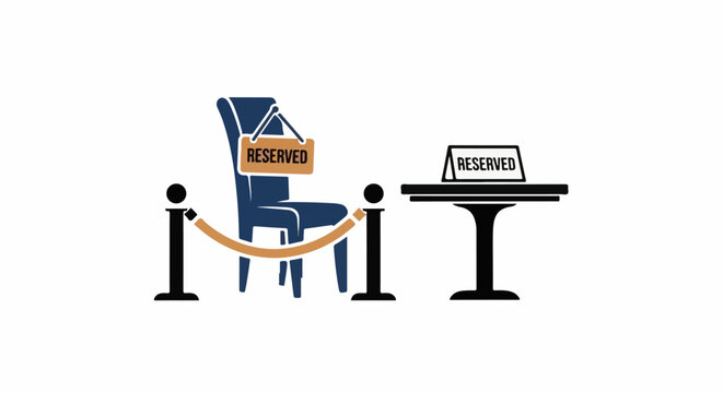 A blue chair and a table with "RESERVED" signs, separated by stanchions, suggest exclusivity