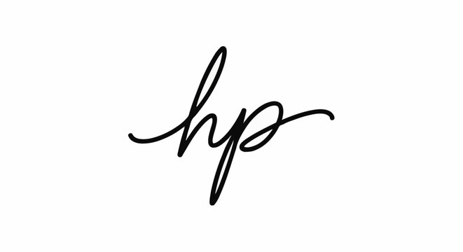 A black handwritten script logo with the letters 'hp' centered on a white background