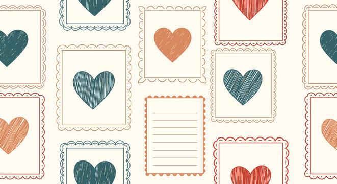 Charming seamless pattern featuring hand drawn hearts inside various decorative postage stamp frames on a cream background.