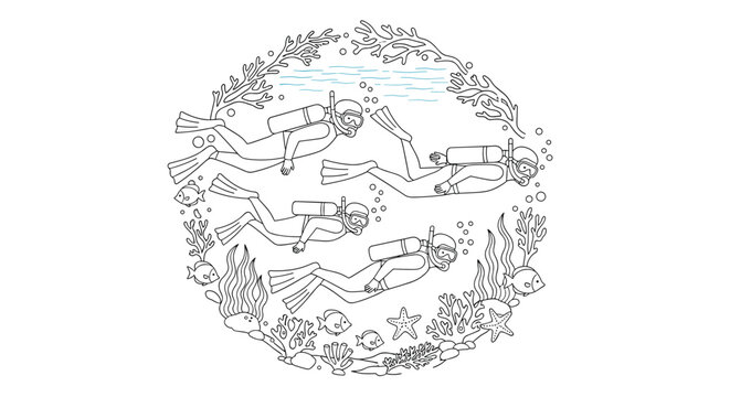 Hand drawn illustration of scuba divers swimming among coral reefs and fish in a circular composition for underwater exploration.