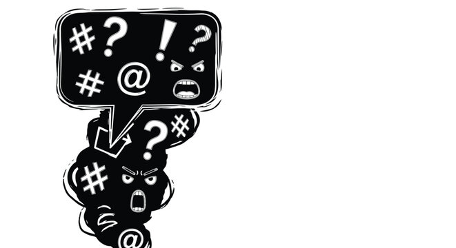 Expressive black speech bubble filled with swearing symbols and a stylized angry cloud character representing rage and frustration.